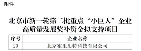 霍里思特荣获国家专精特新重点“小巨人”称号